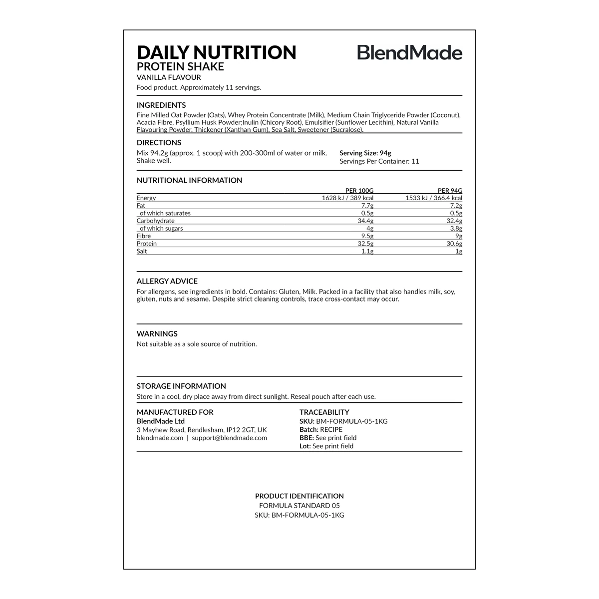 Daily Nutrition Protein Shake rear product label