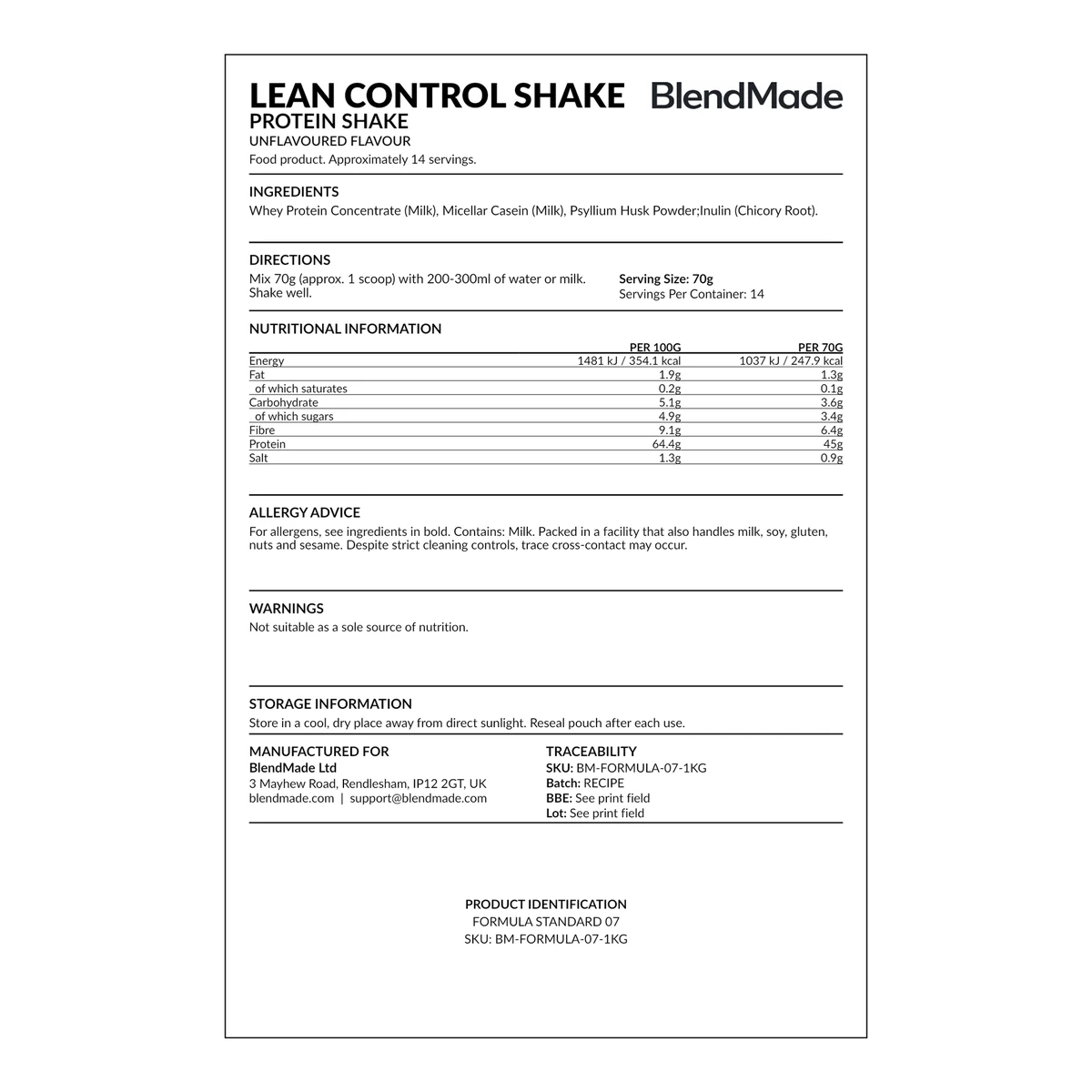 Lean Control Protein Shake rear product label