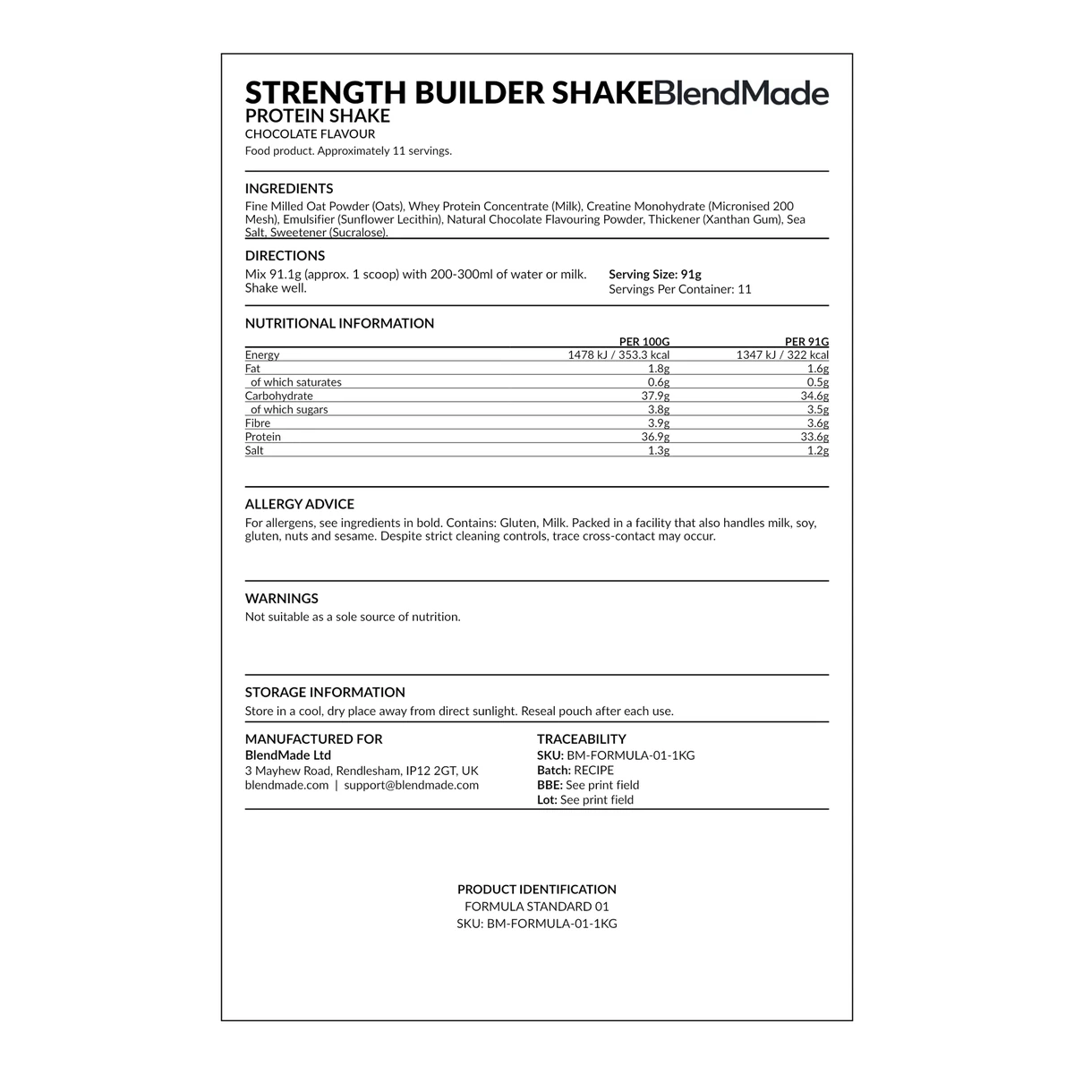 Strength Builder Protein Shake rear product label