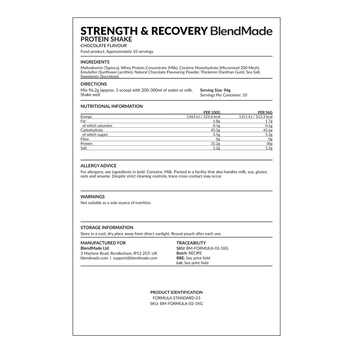 Strength & Recovery Protein Shake rear product label