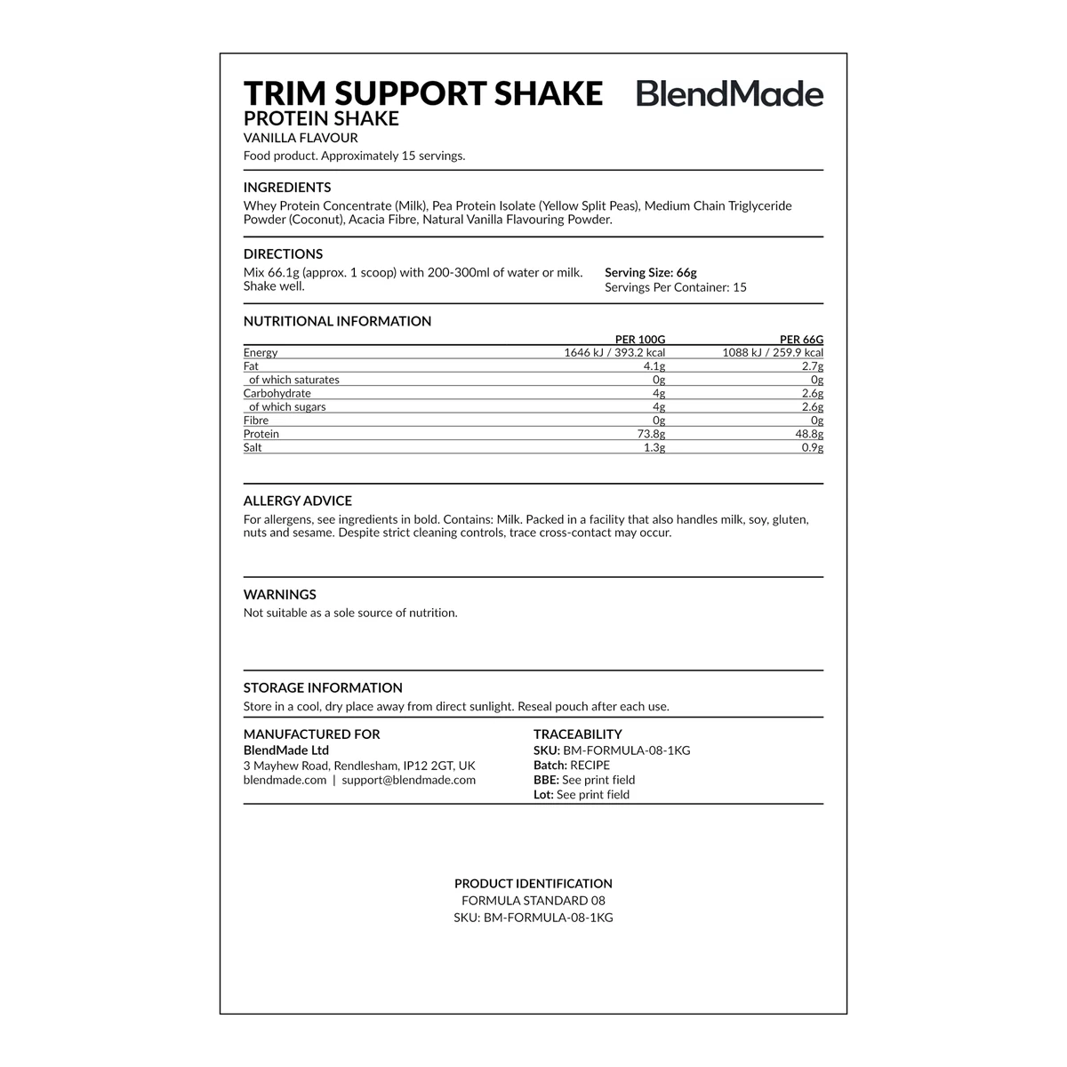 Trim Support Protein Shake rear product label